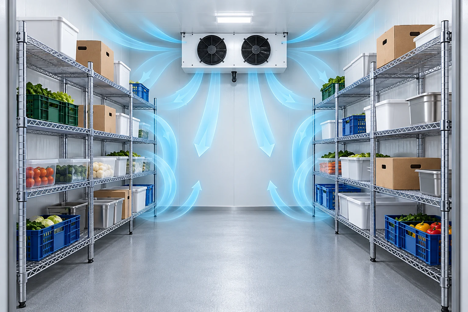 Illustration of a walk-in cold room with spaced stock on racking and blue ribbons representing air circulation