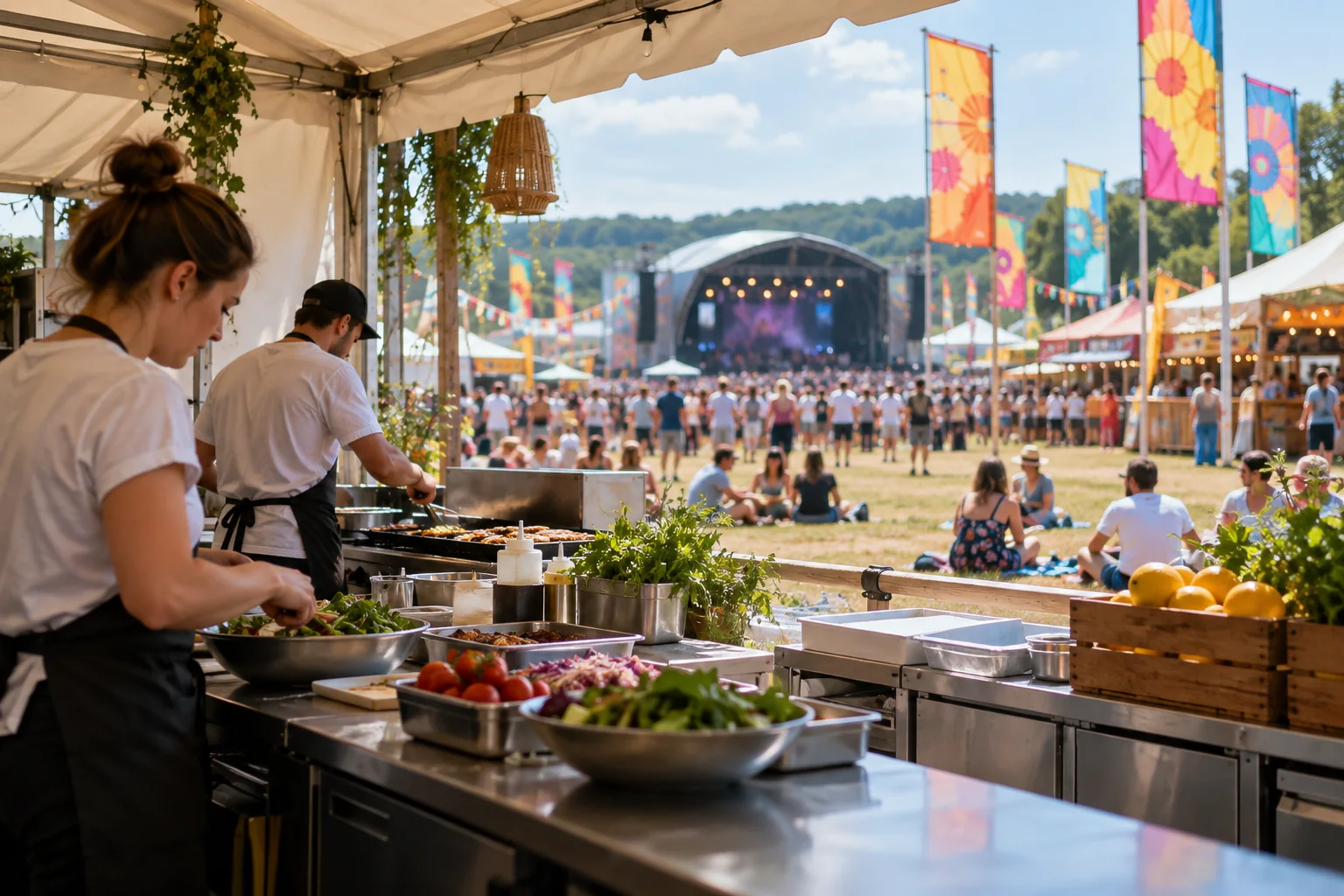 Festival caterers preparing food with an outdoor stage and flags beyond