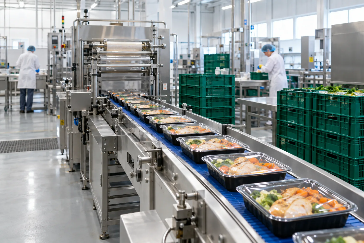 Food trays moving along a production and packaging line