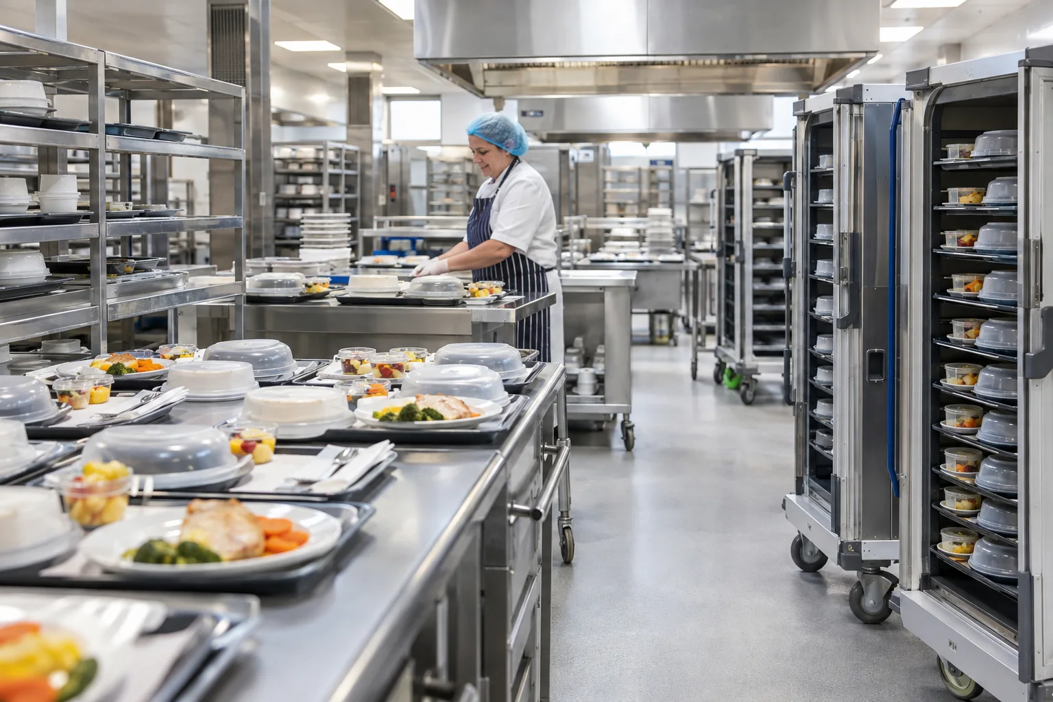 Hospital catering meal trays and delivery trolleys in a large kitchen