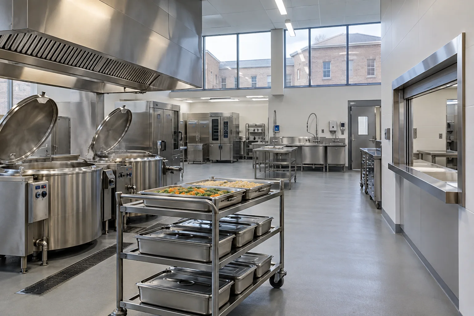 Institutional catering kitchen with bulk cooking equipment and a service hatch