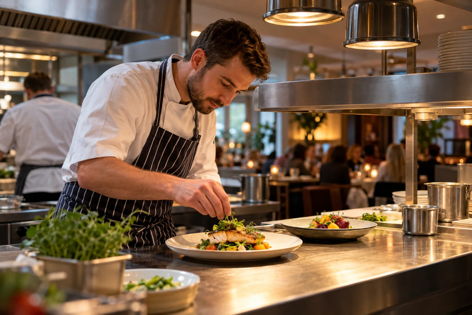 Chef plating a meal at a restaurant kitchen pass