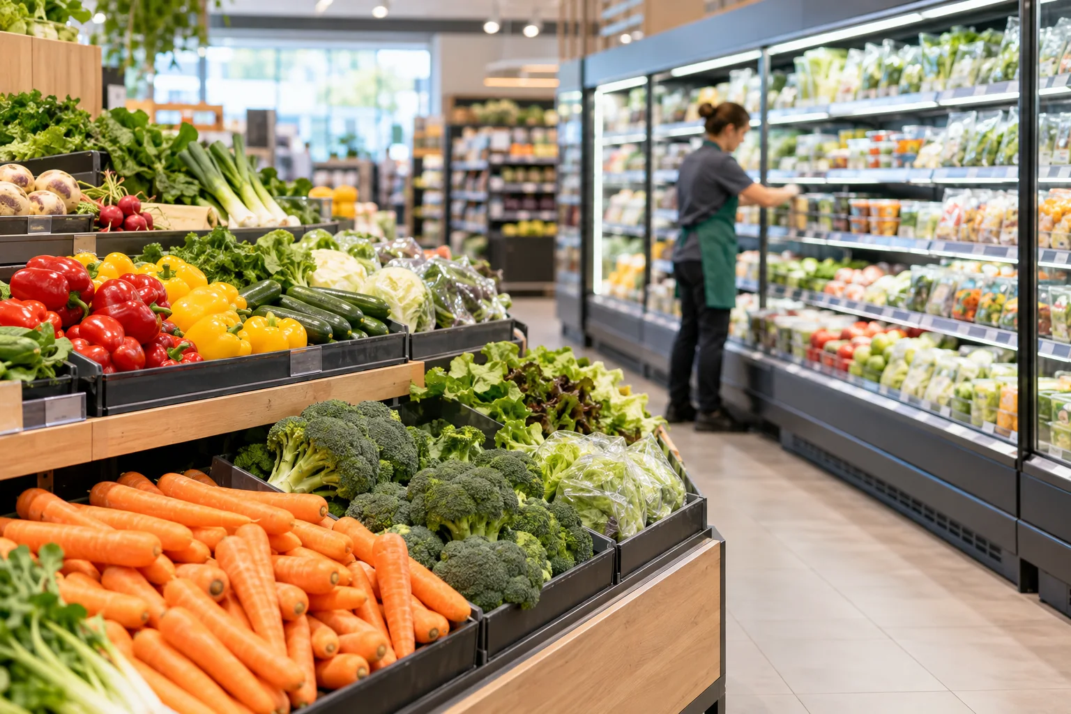 Fresh produce aisle and refrigerated supermarket cabinets