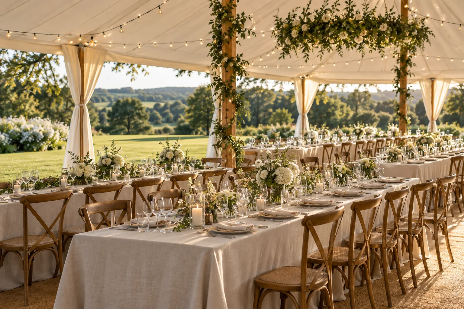 Countryside wedding marquee with dining tables and flowers